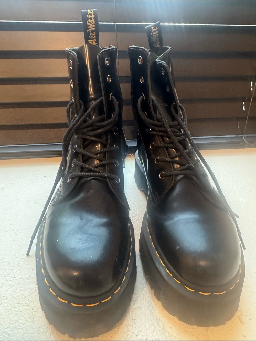 Dr. Martens Black Leather Platform Lace-Up Boots with Yellow Stitching